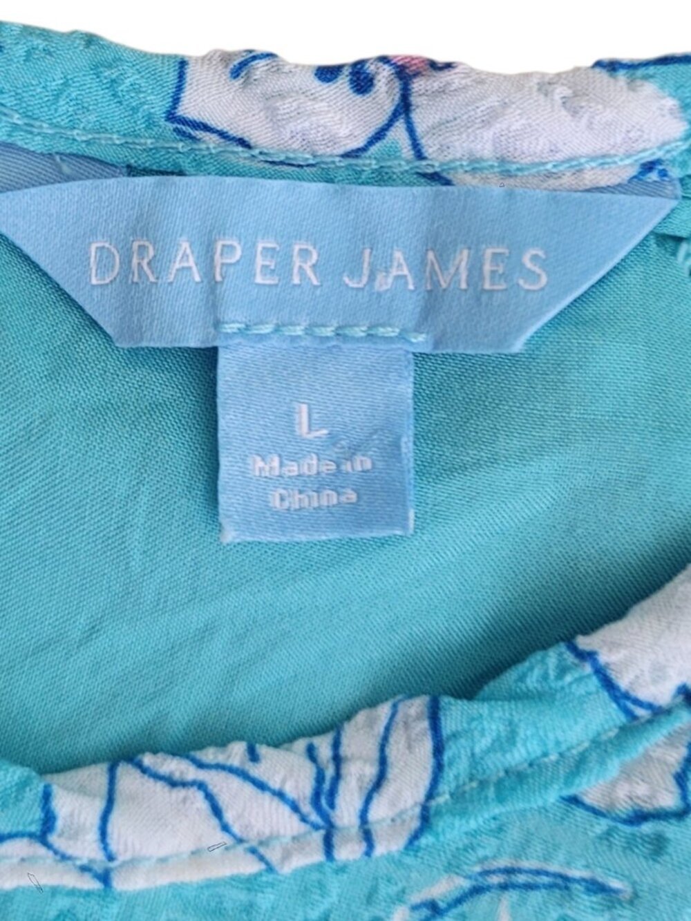 Draper James Aqua Floral Flutter Sleeve Blouse Size L Smocked Crinkle Top Summer - Picture 6 of 11